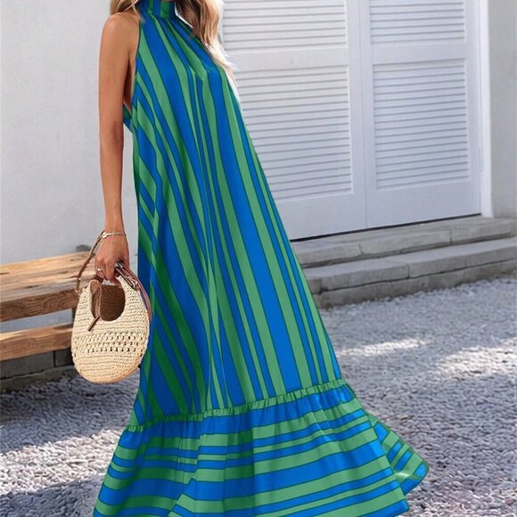 Green Blue Casual Women's Striped Print halter Strap ruffled hem maxi Dress - Picture 4 of 6